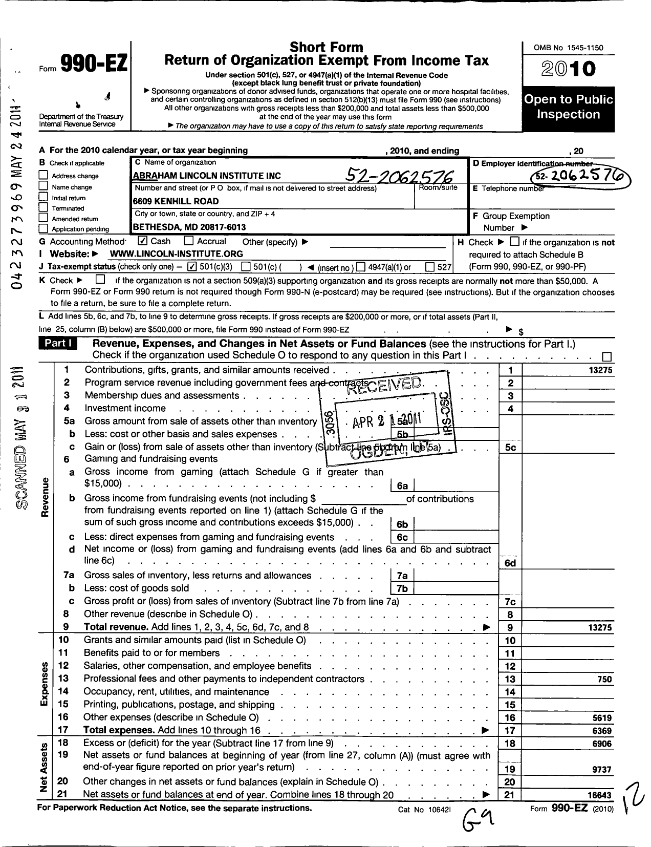 Image of first page of 2010 Form 990EZ for Abraham Lincoln Institute