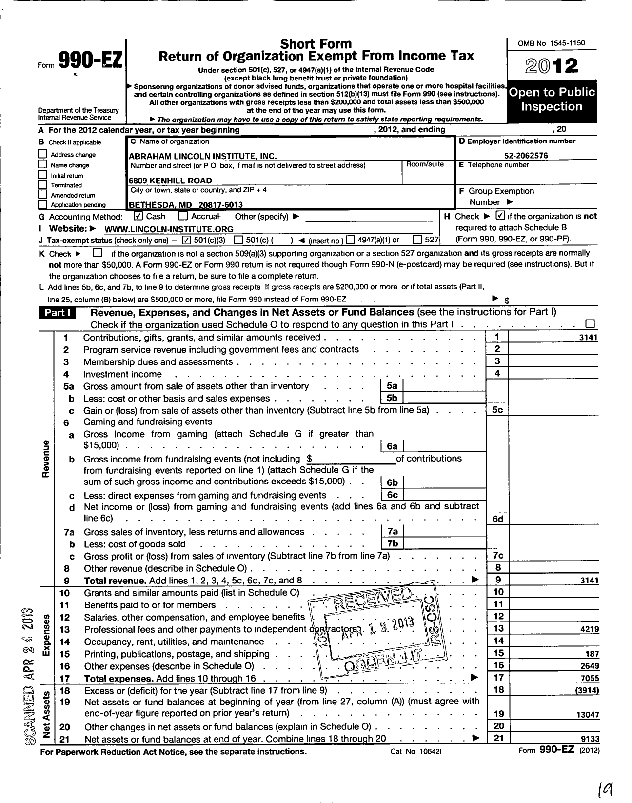 Image of first page of 2012 Form 990EZ for Abraham Lincoln Institute