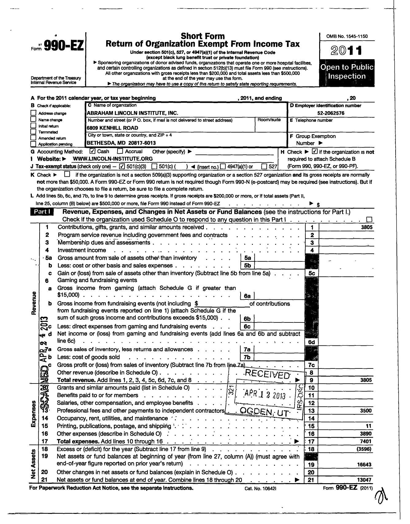 Image of first page of 2011 Form 990EZ for Abraham Lincoln Institute