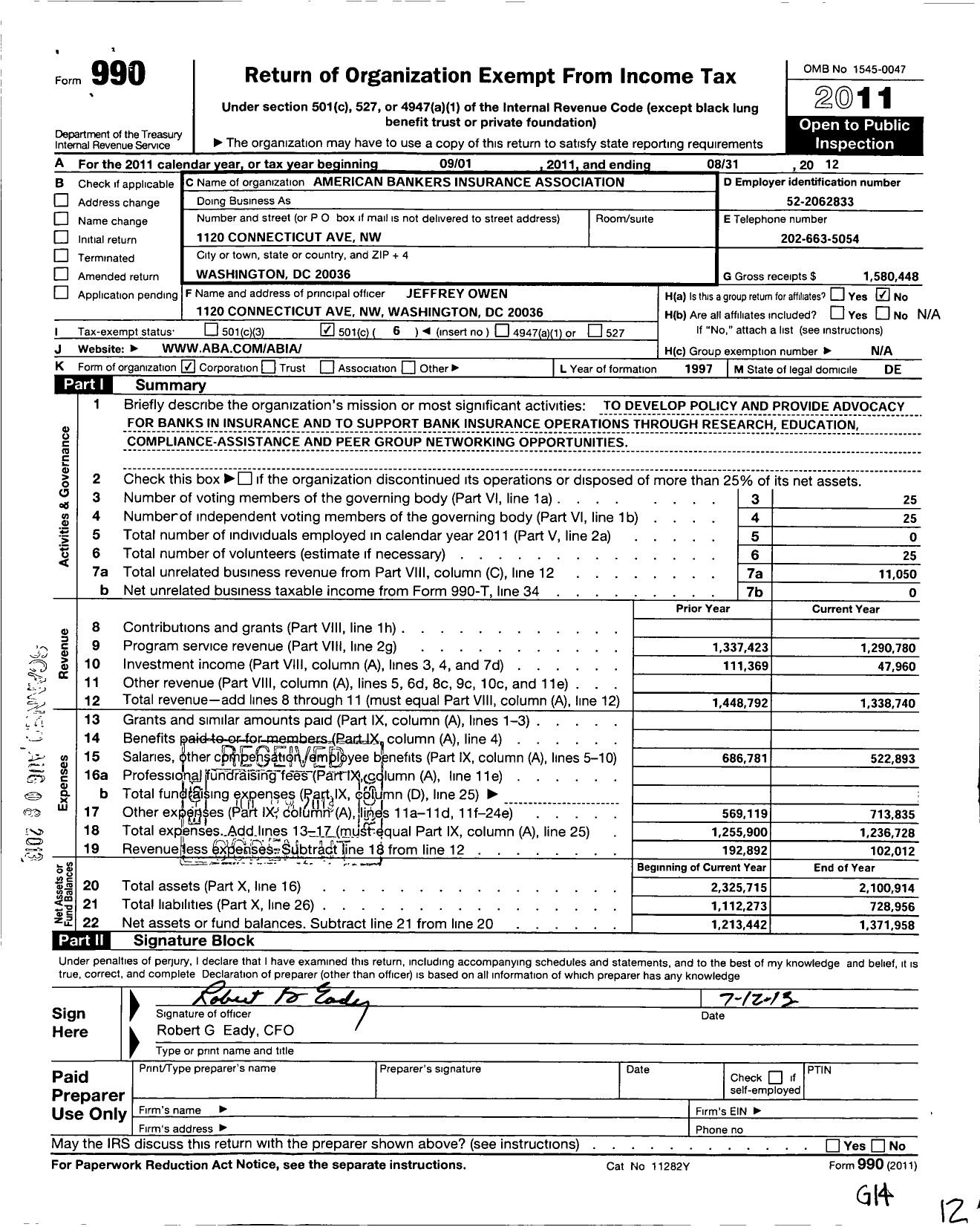 Image of first page of 2011 Form 990O for American Bankers Insurance Association (ABIA)