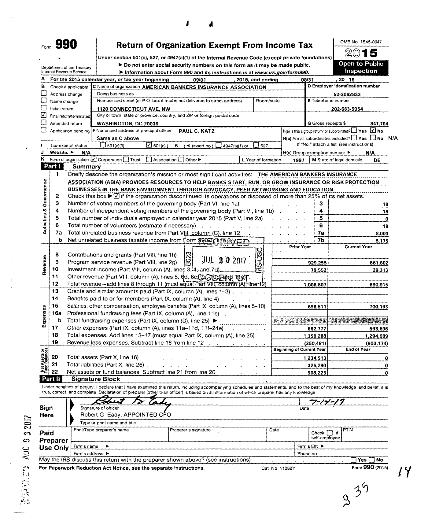 Image of first page of 2015 Form 990O for American Bankers Insurance Association (ABIA)
