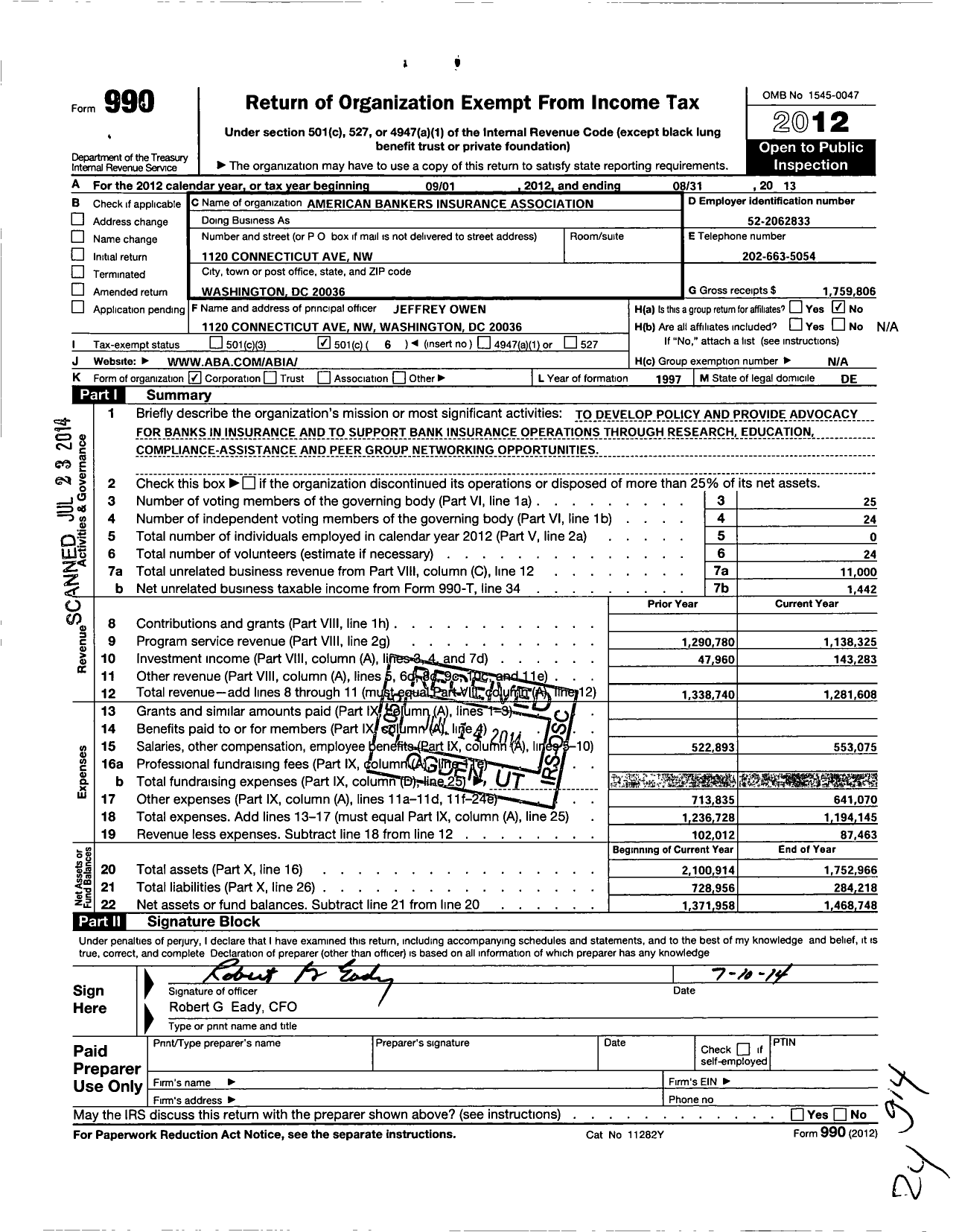 Image of first page of 2012 Form 990O for American Bankers Insurance Association (ABIA)