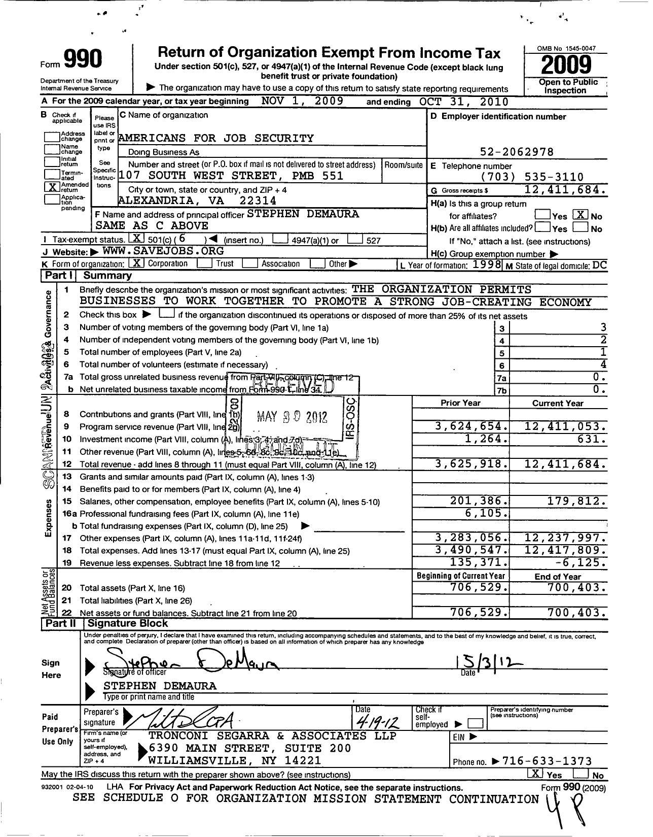 Image of first page of 2009 Form 990O for Americans for Job Security (AJS)