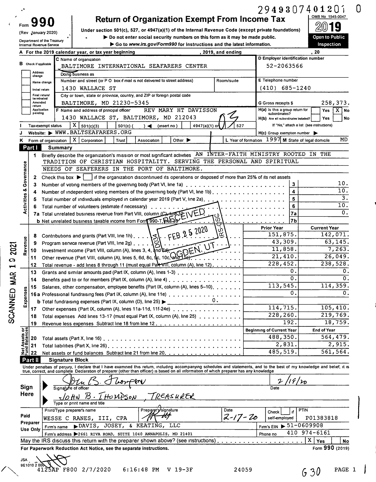 Image of first page of 2019 Form 990 for Baltimore International Seafarers Center