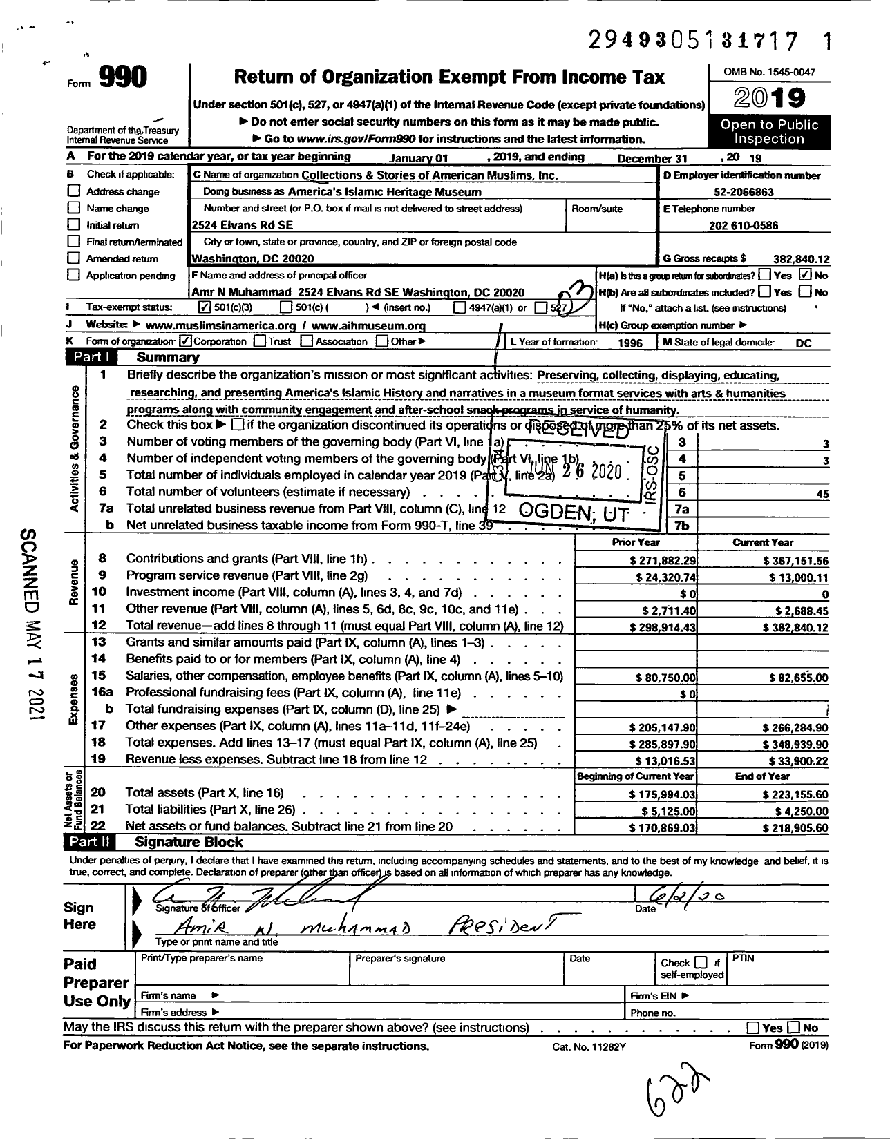 Image of first page of 2019 Form 990 for Collections & Stories of American Muslims Inc America's Islamic Heritage Museum