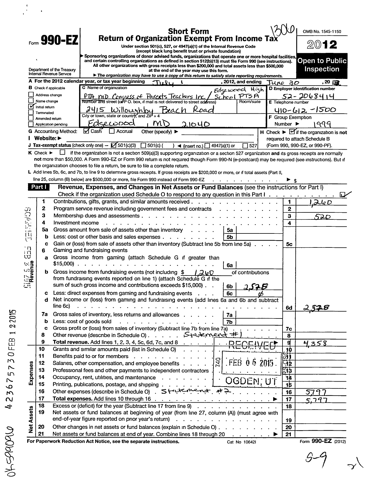 Image of first page of 2012 Form 990EZ for PTA Delaware Congress / Edgewood High School Ptsa