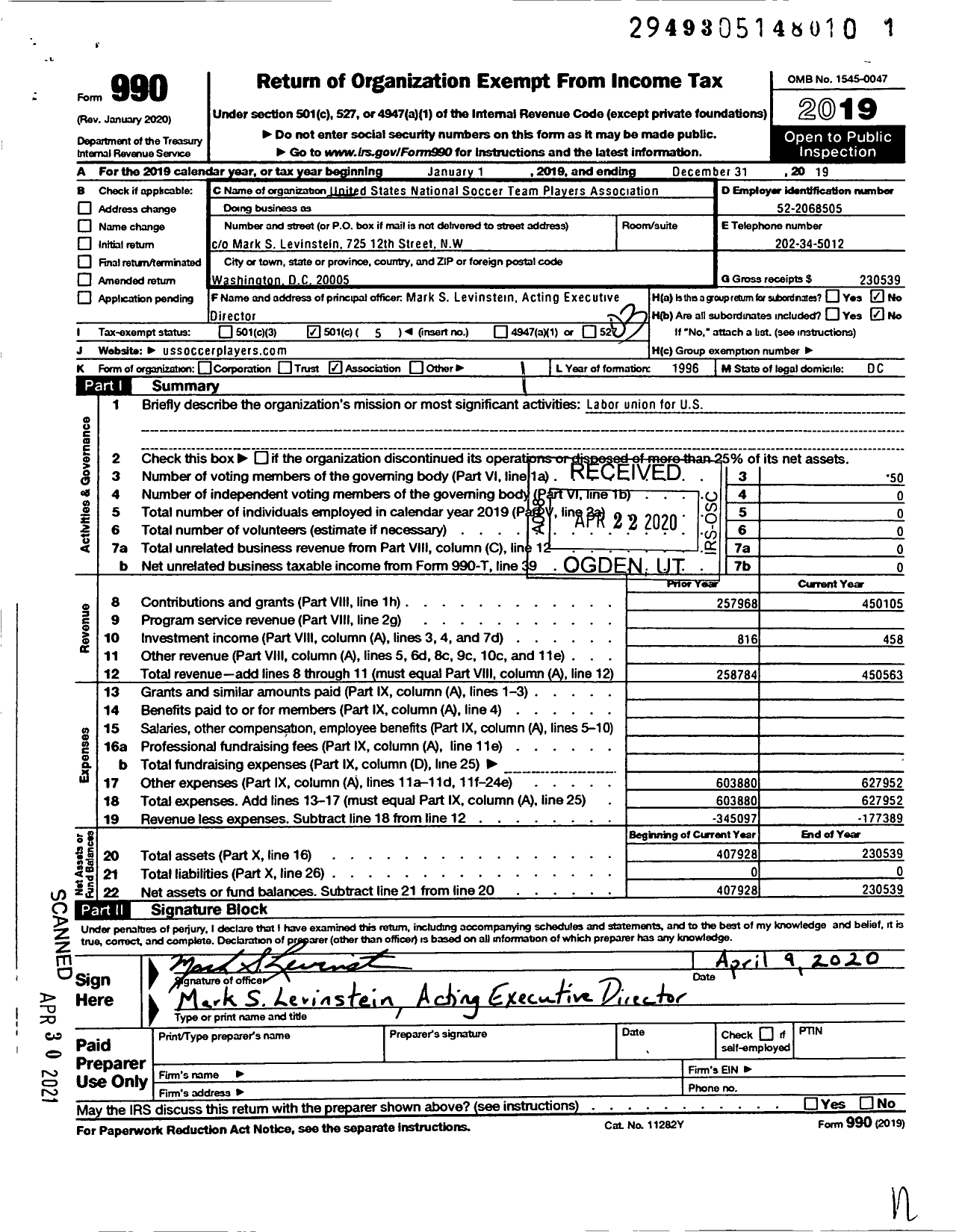 Image of first page of 2019 Form 990 for United States National Soccer Team Players Association