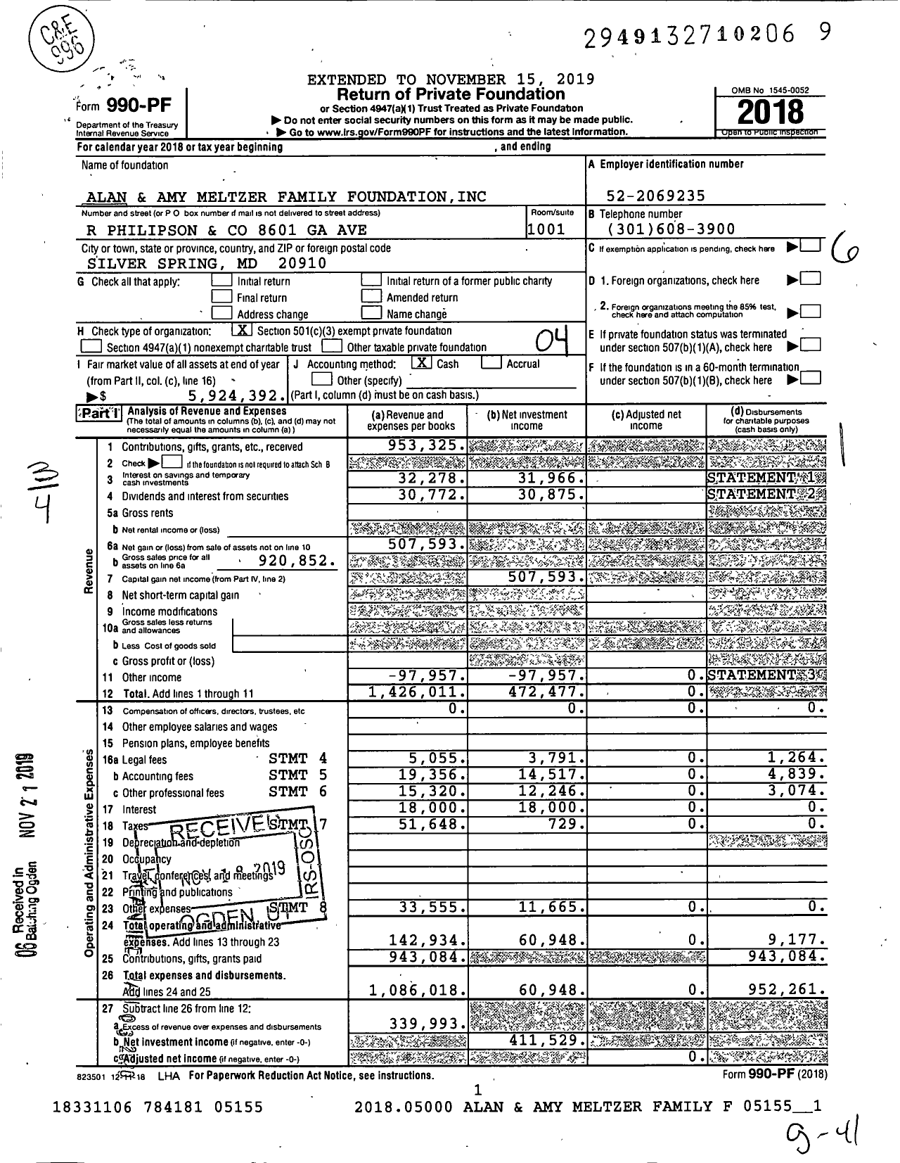 Image of first page of 2018 Form 990PF for Alan and Amy Meltzer Family Foundation