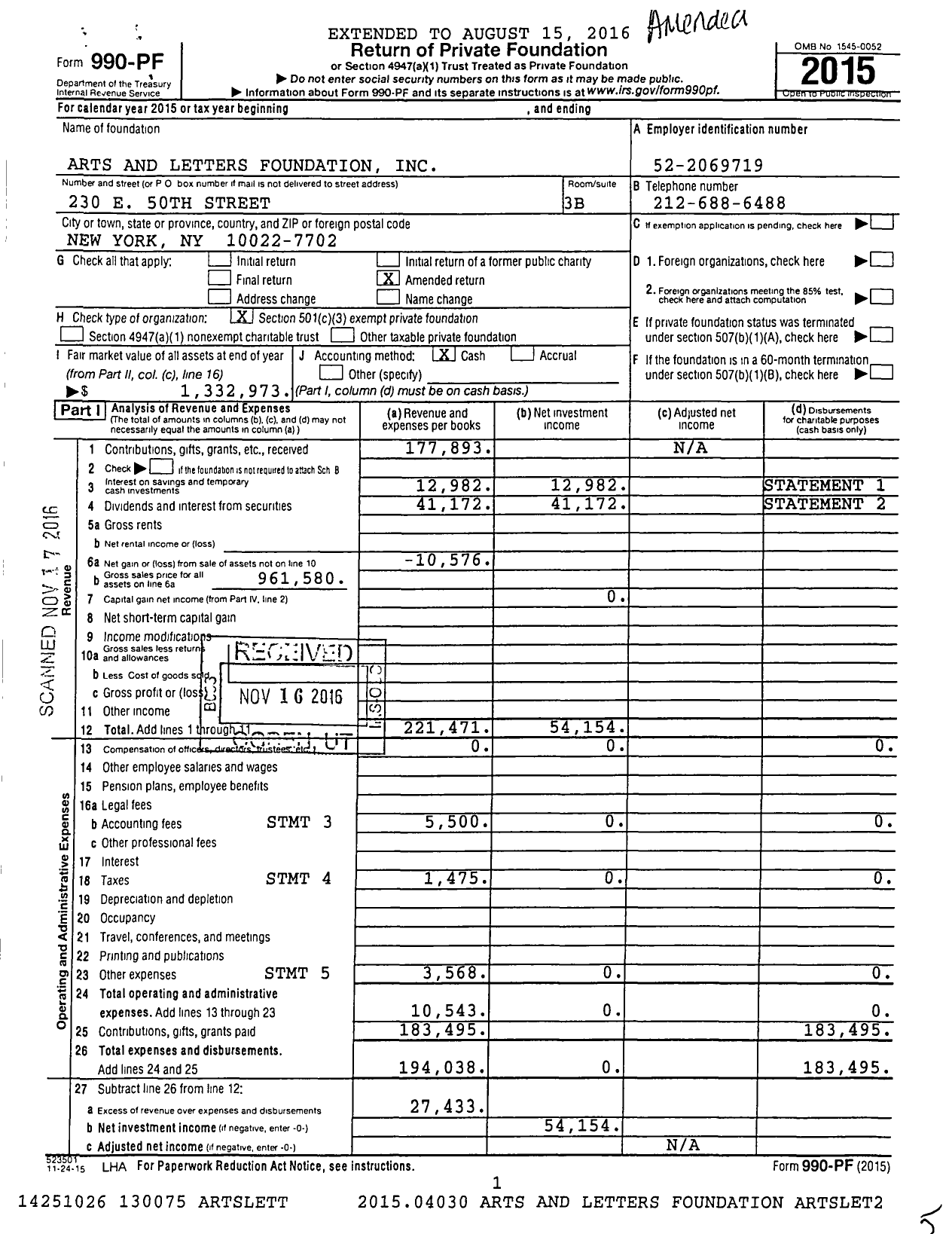 Image of first page of 2015 Form 990PF for Arts and Letters Foundation