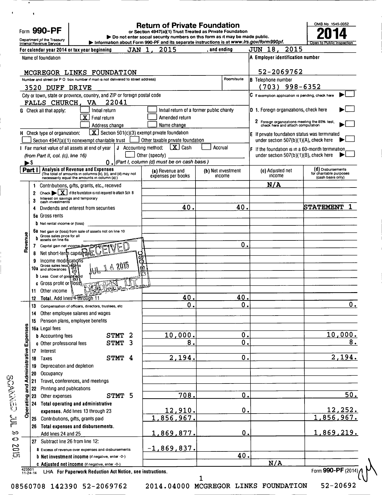 Image of first page of 2014 Form 990PF for Mcgregor Links Foundation