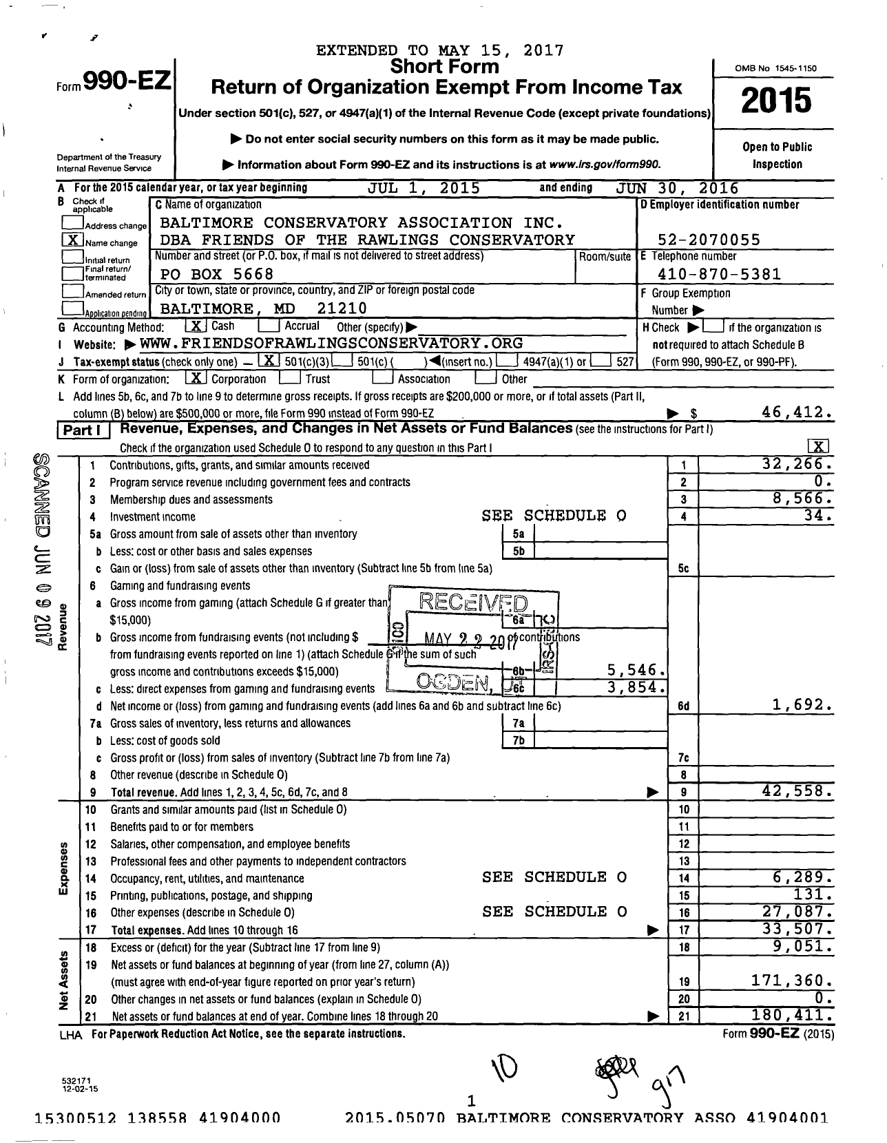 Image of first page of 2015 Form 990EZ for Friends of the Rawlings Conservatory