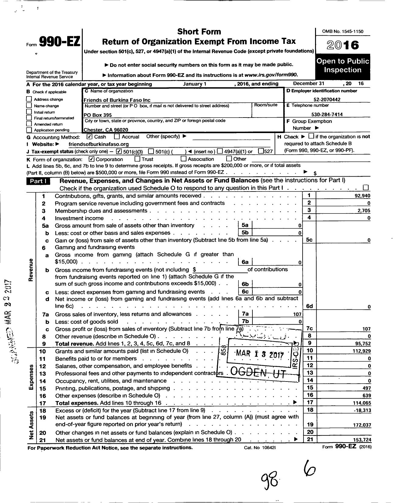 Image of first page of 2016 Form 990EZ for Friends of Burkina Faso