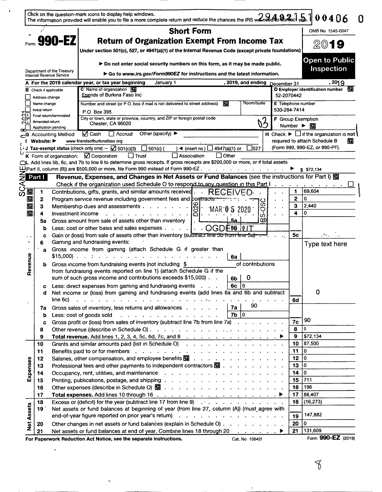 Image of first page of 2019 Form 990EZ for Friends of Burkina Faso