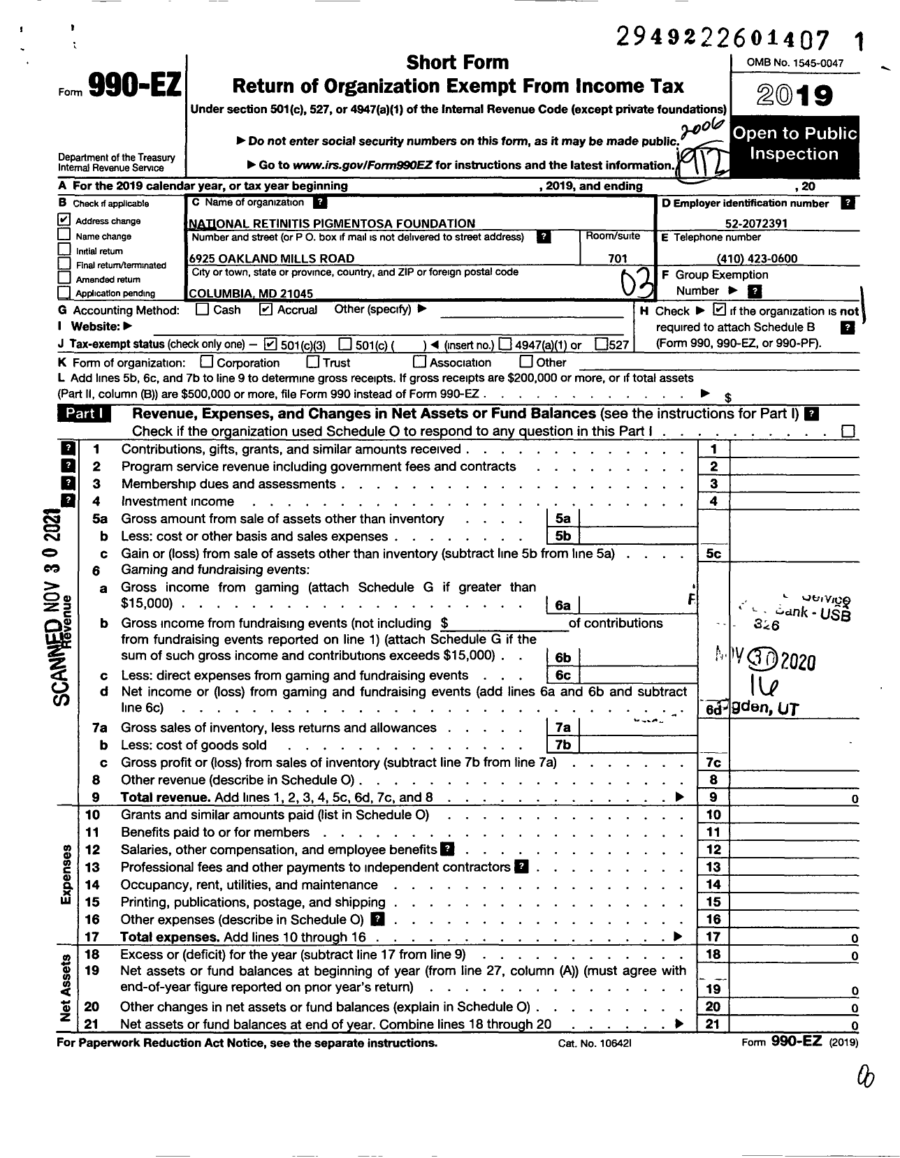 Image of first page of 2019 Form 990EZ for National Retinitis Pigmentosa Foundation