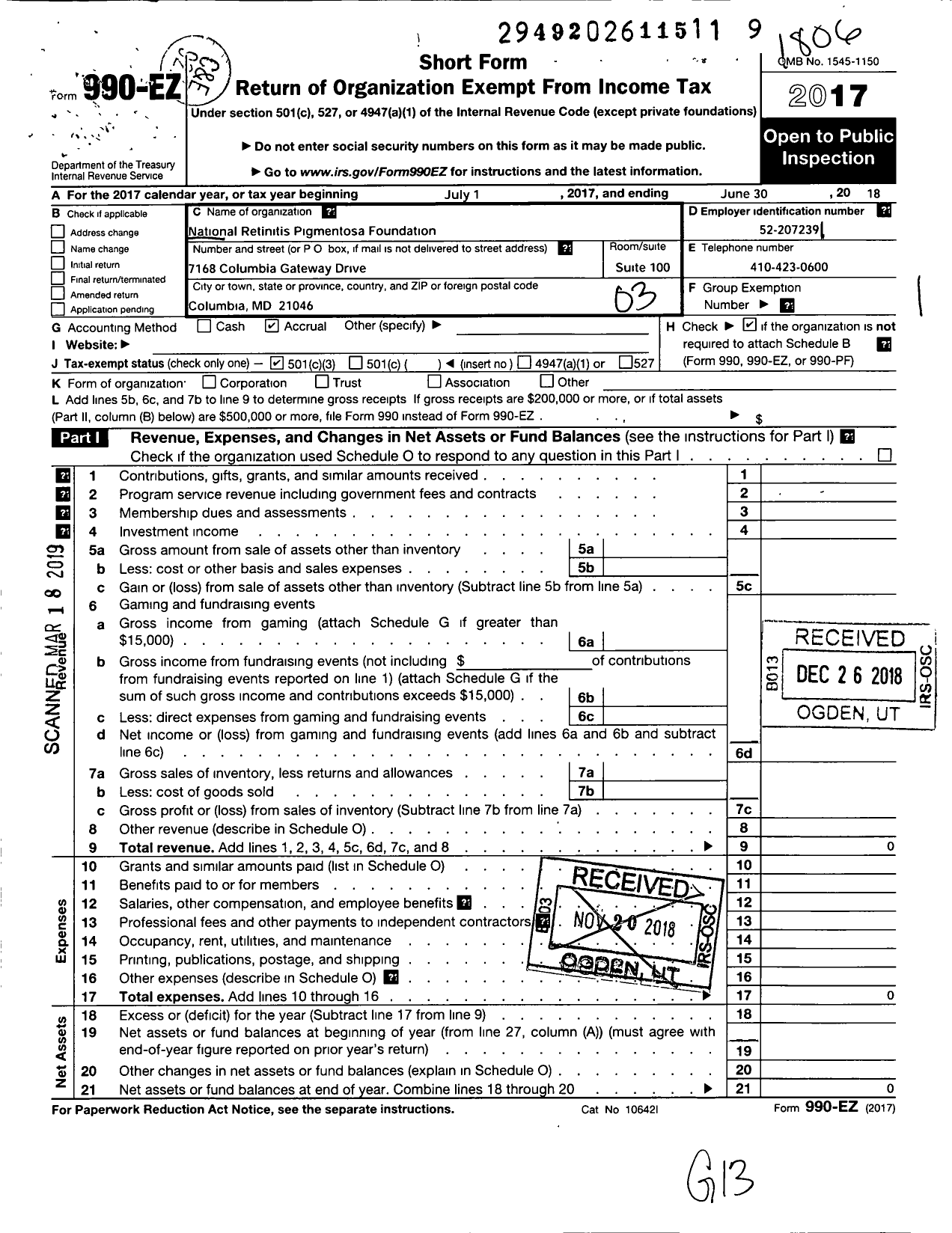 Image of first page of 2017 Form 990EZ for National Retinitis Pigmentosa Foundation