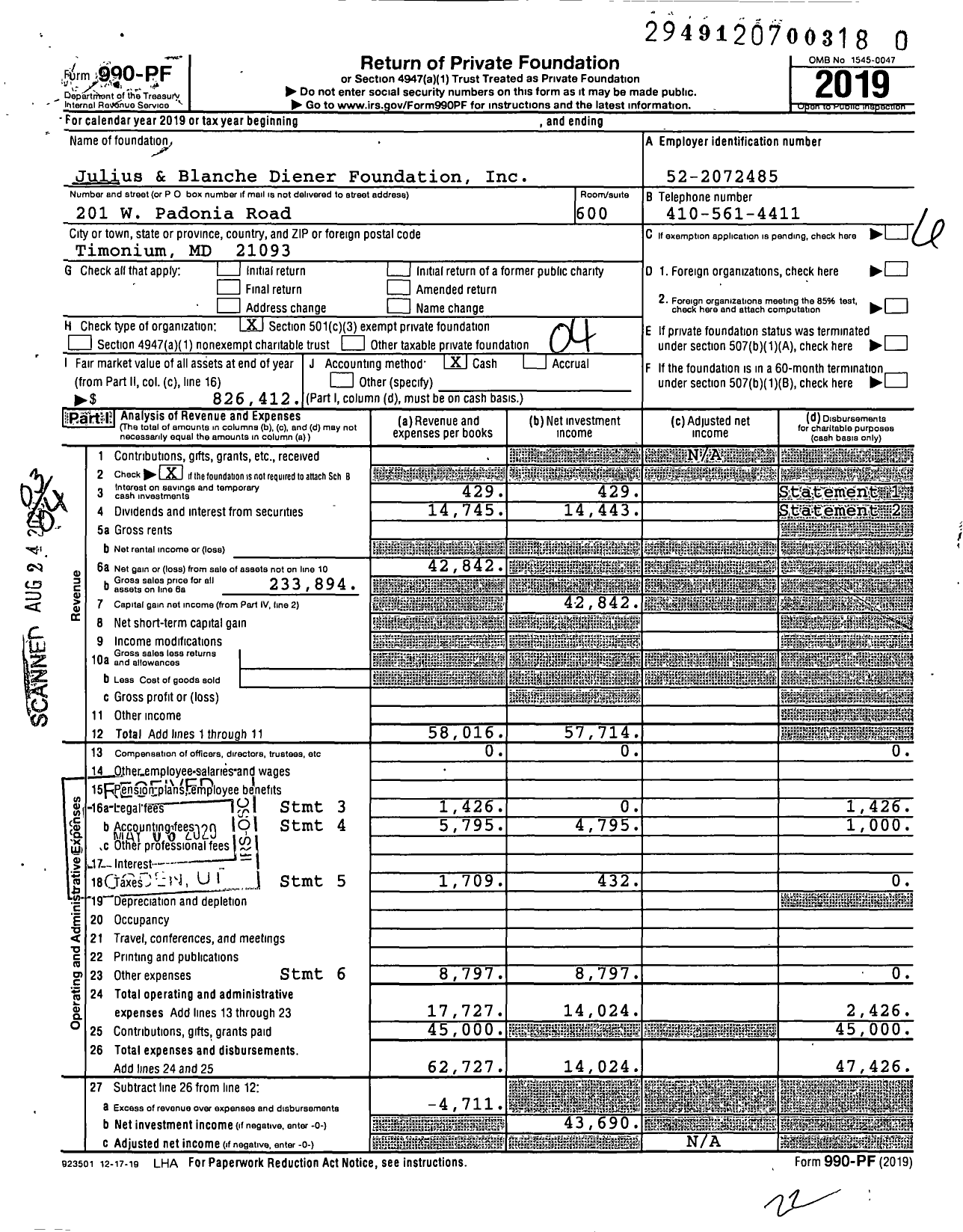 Image of first page of 2019 Form 990PR for Julius and Blanche Diener Foundation