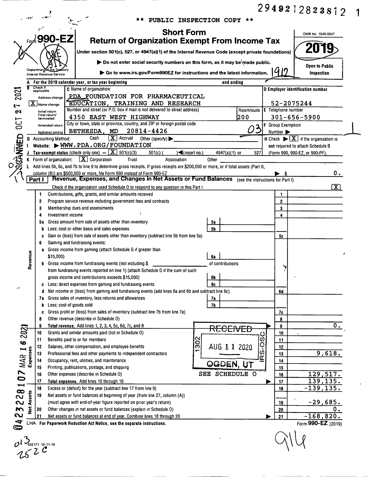 Image of first page of 2019 Form 990EZ for Pda Foundation for Pharmaceutical Education Training and Research