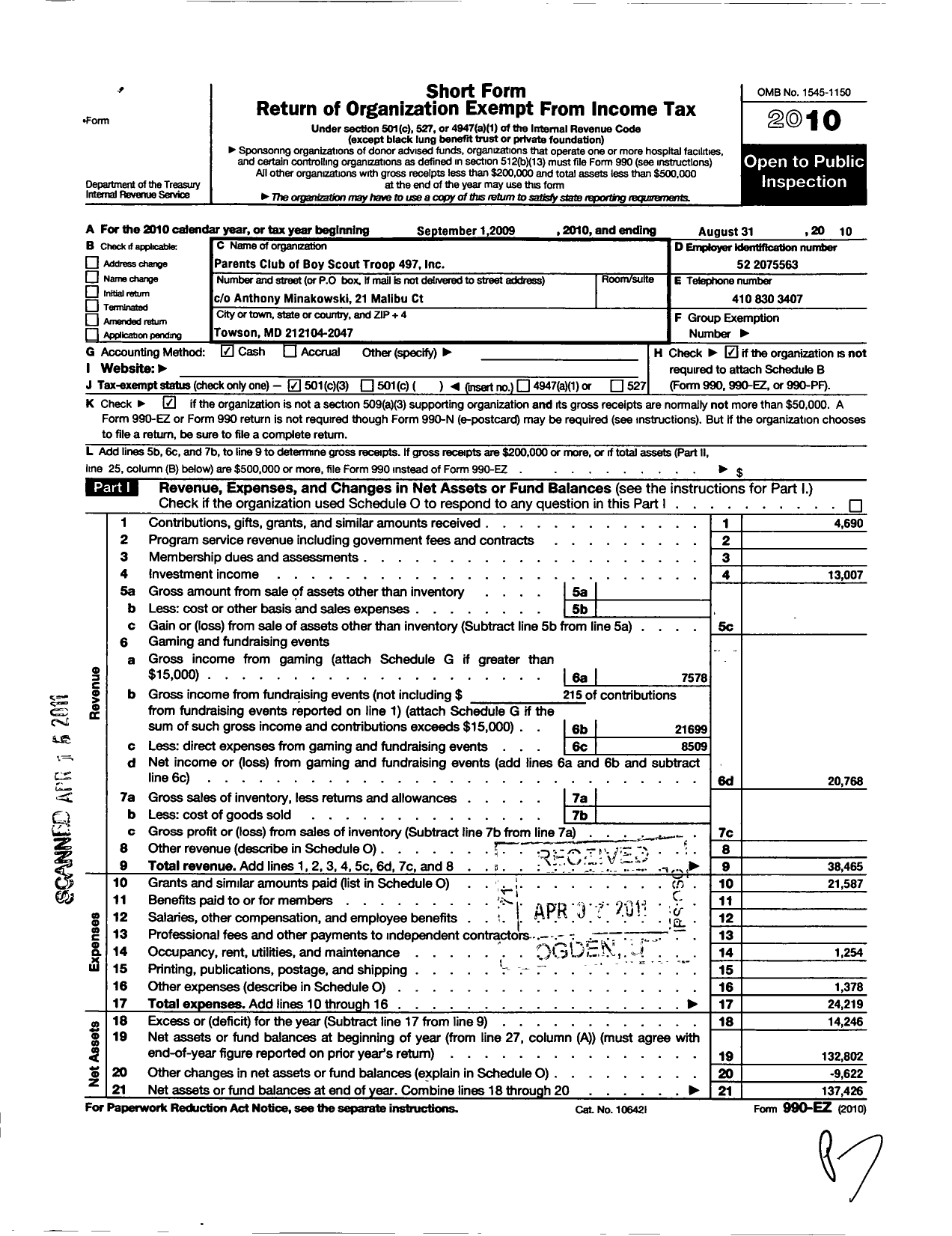 Image of first page of 2009 Form 990EZ for Parents Club of Boy Scout Troop 497