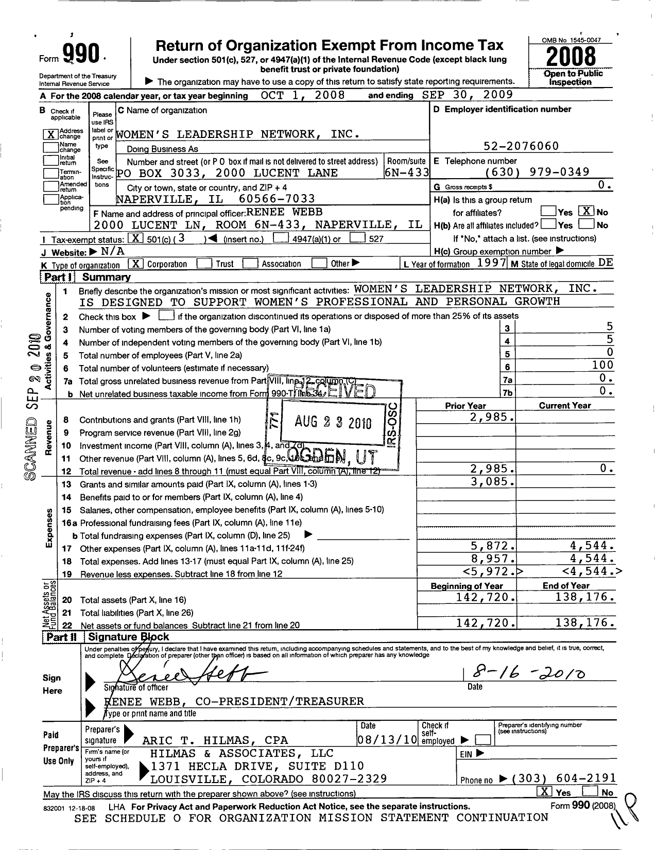 Image of first page of 2008 Form 990 for Womens Leadership Network