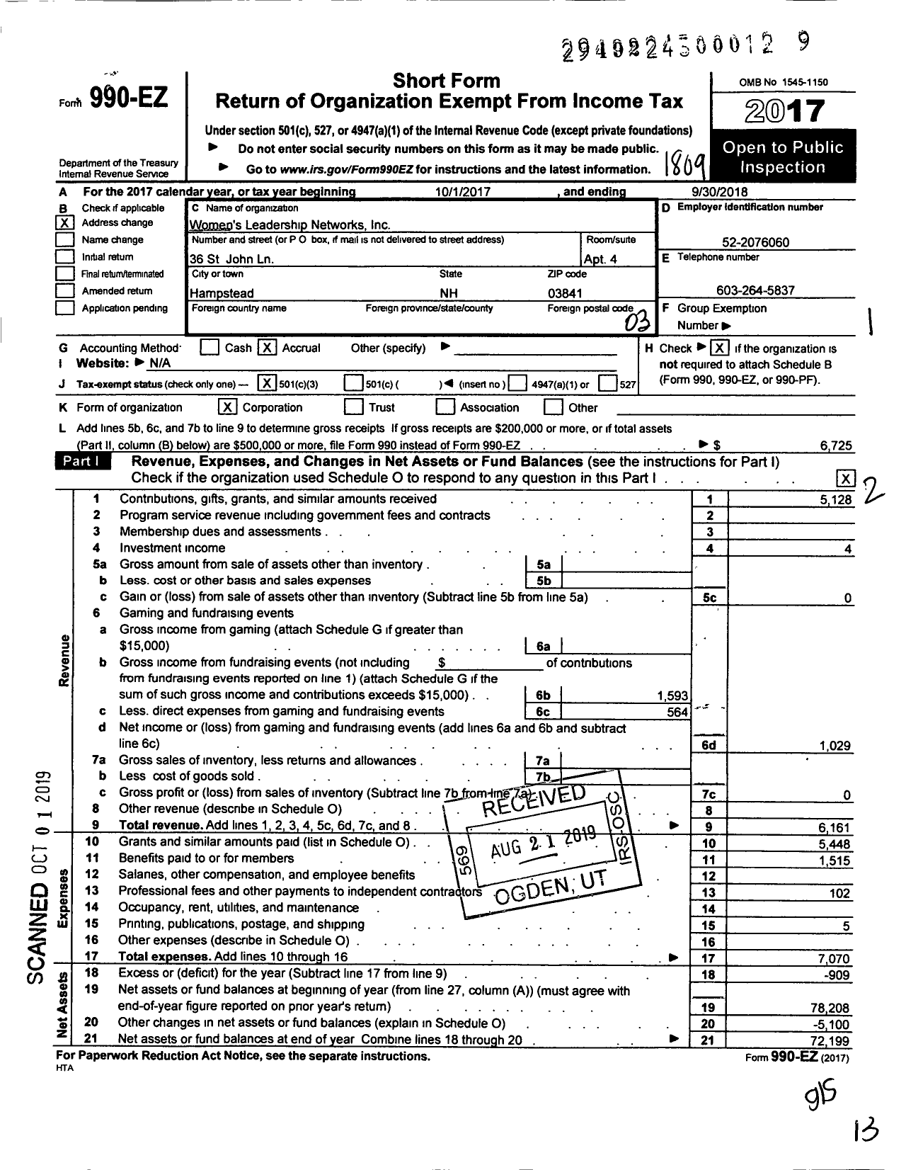 Image of first page of 2017 Form 990EZ for Womens Leadership Network