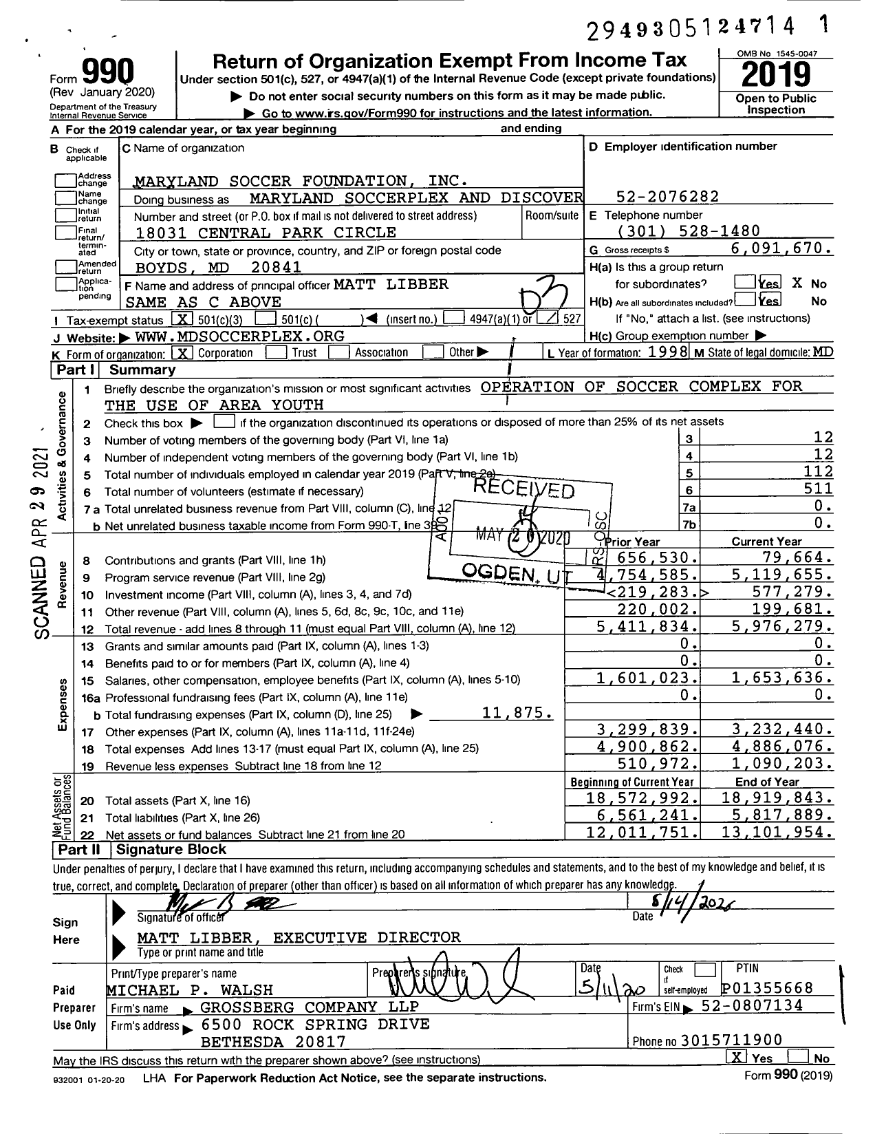 Image of first page of 2019 Form 990 for Maryland Soccerplex and Adventist Healthcare Fieldhouse