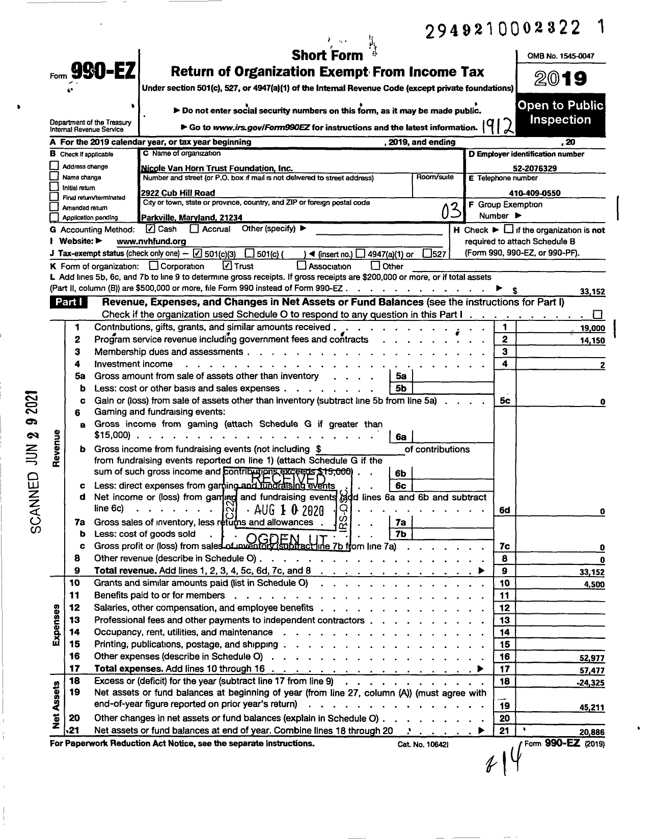 Image of first page of 2019 Form 990EZ for Nicole Van Horn Trust Foundation