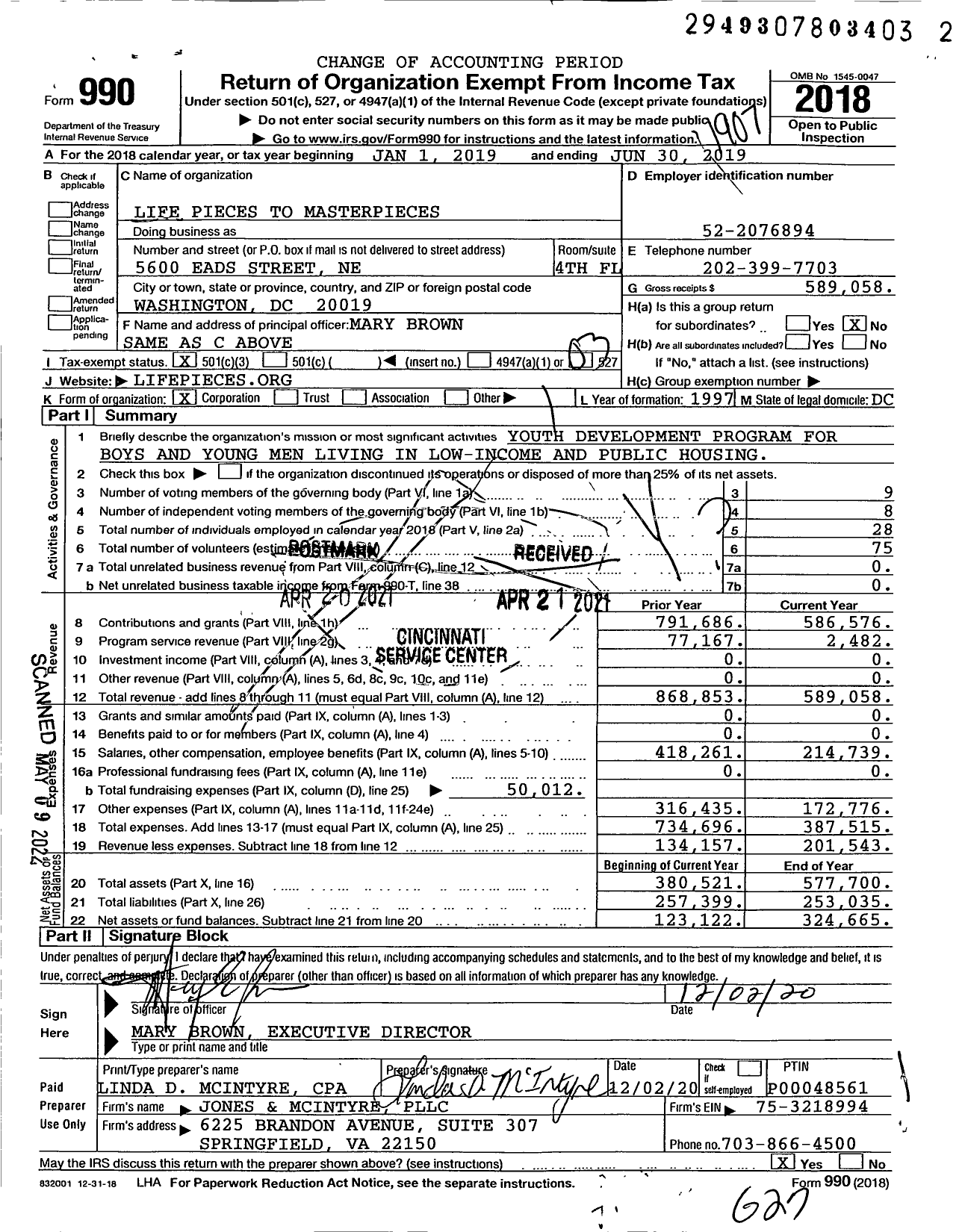 Image of first page of 2018 Form 990 for Life Pieces To Masterpieces