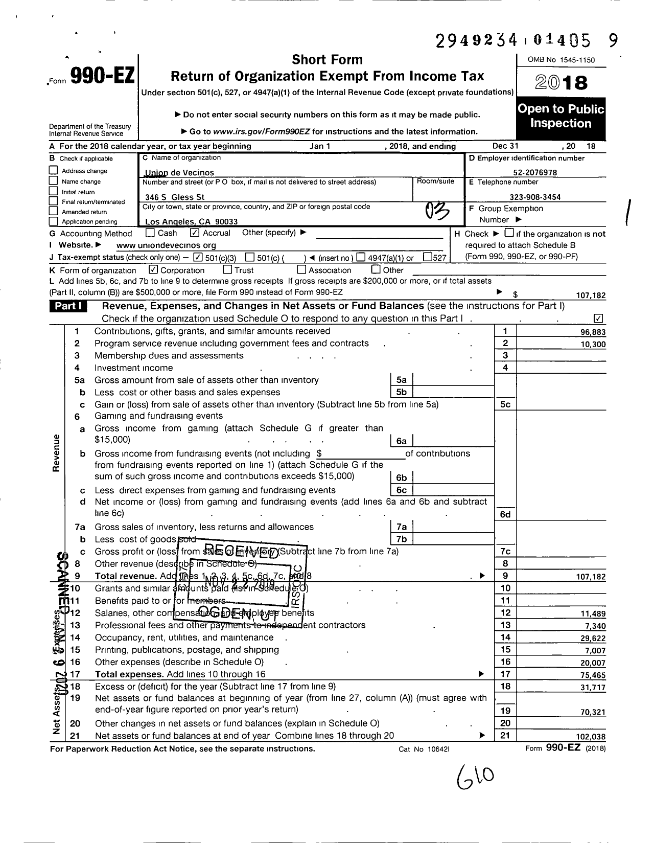 Image of first page of 2018 Form 990EZ for Union de Vecinos