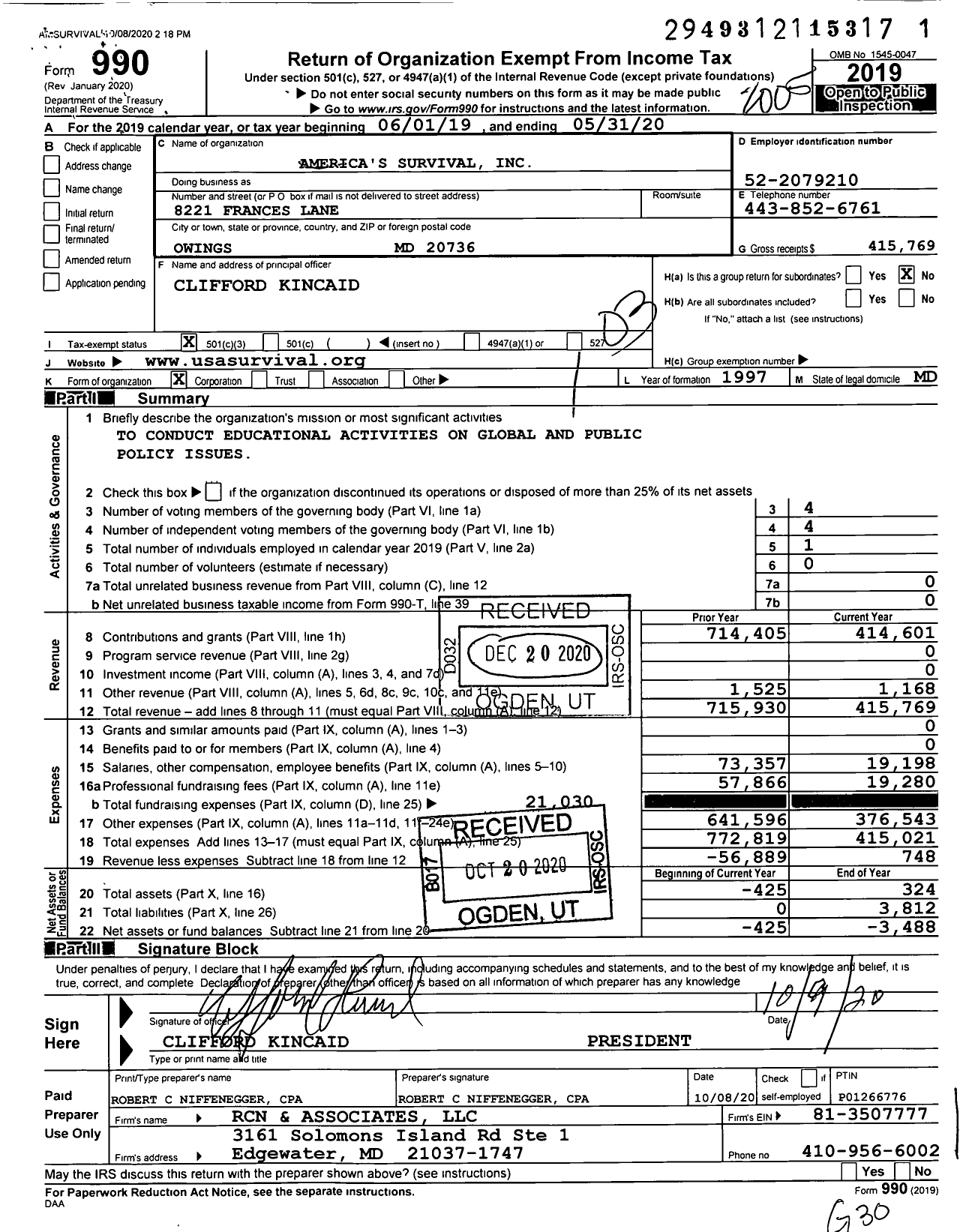 Image of first page of 2019 Form 990 for America's Survival