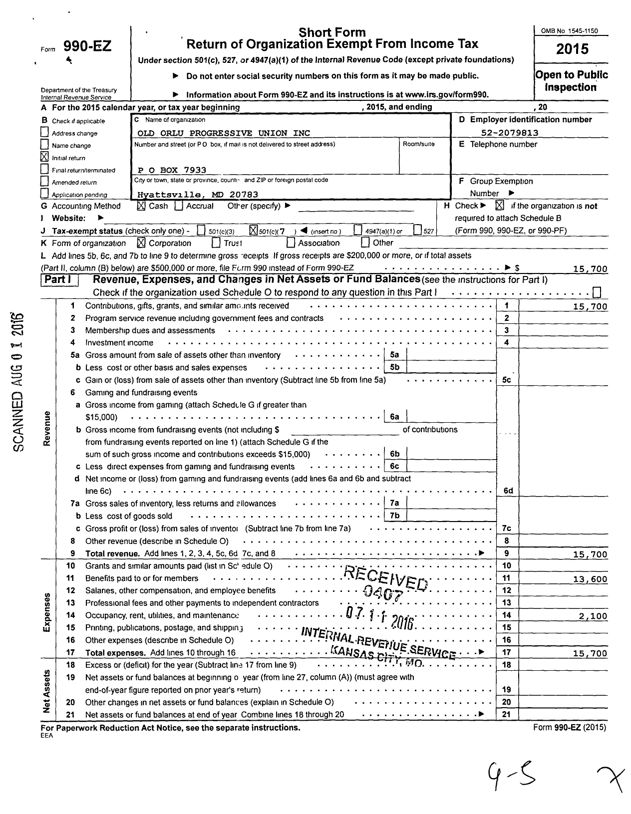 Image of first page of 2015 Form 990EO for Old Orlu Progressive Union