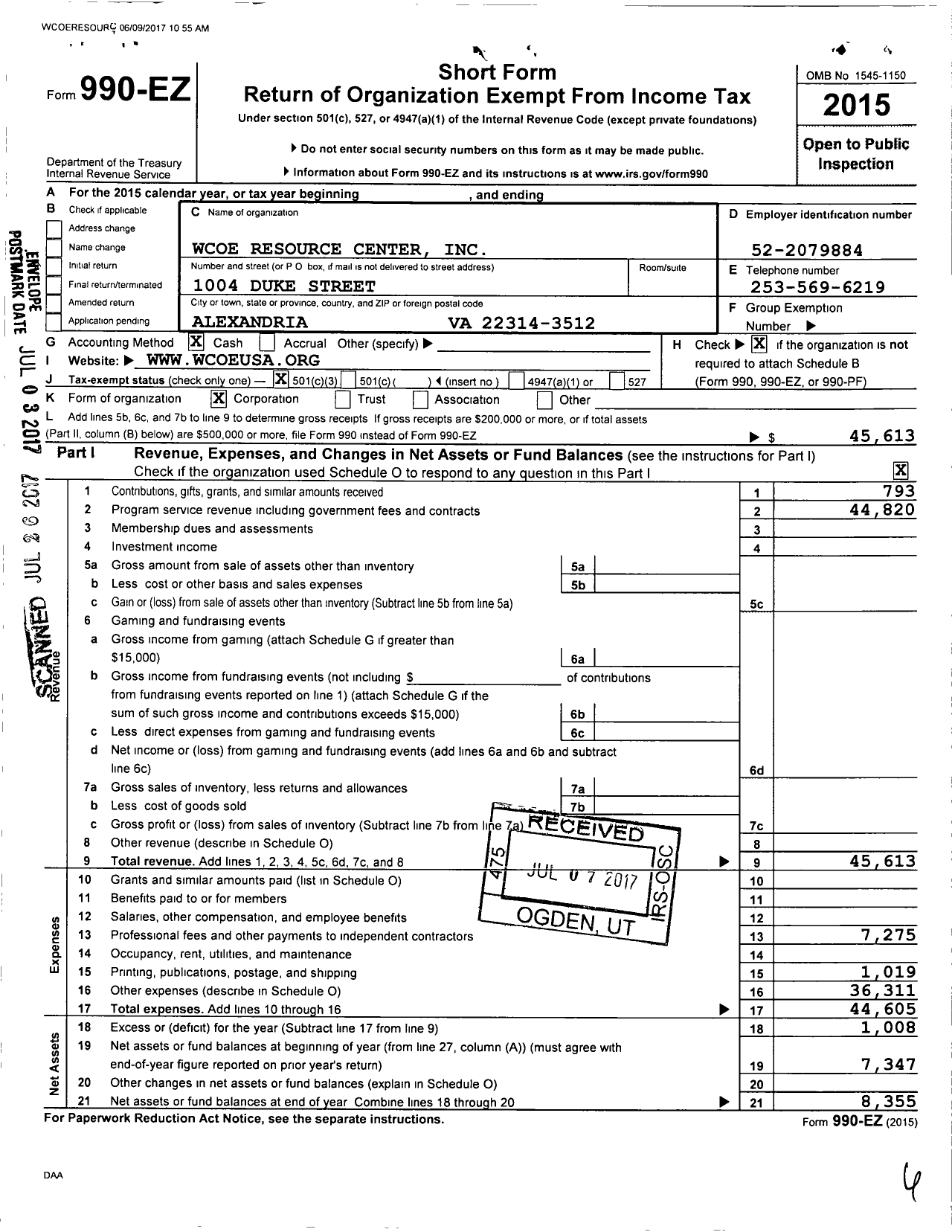 Image of first page of 2015 Form 990EZ for Wcoe Resource Center