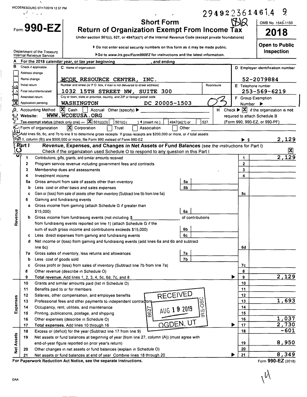 Image of first page of 2018 Form 990EZ for Wcoe Resource Center