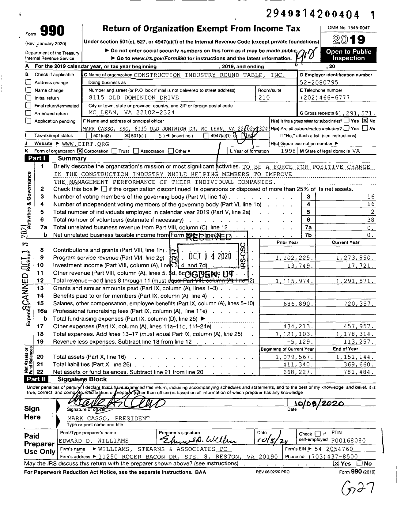 Image of first page of 2019 Form 990O for Construction Industry Round Table (CIRT)