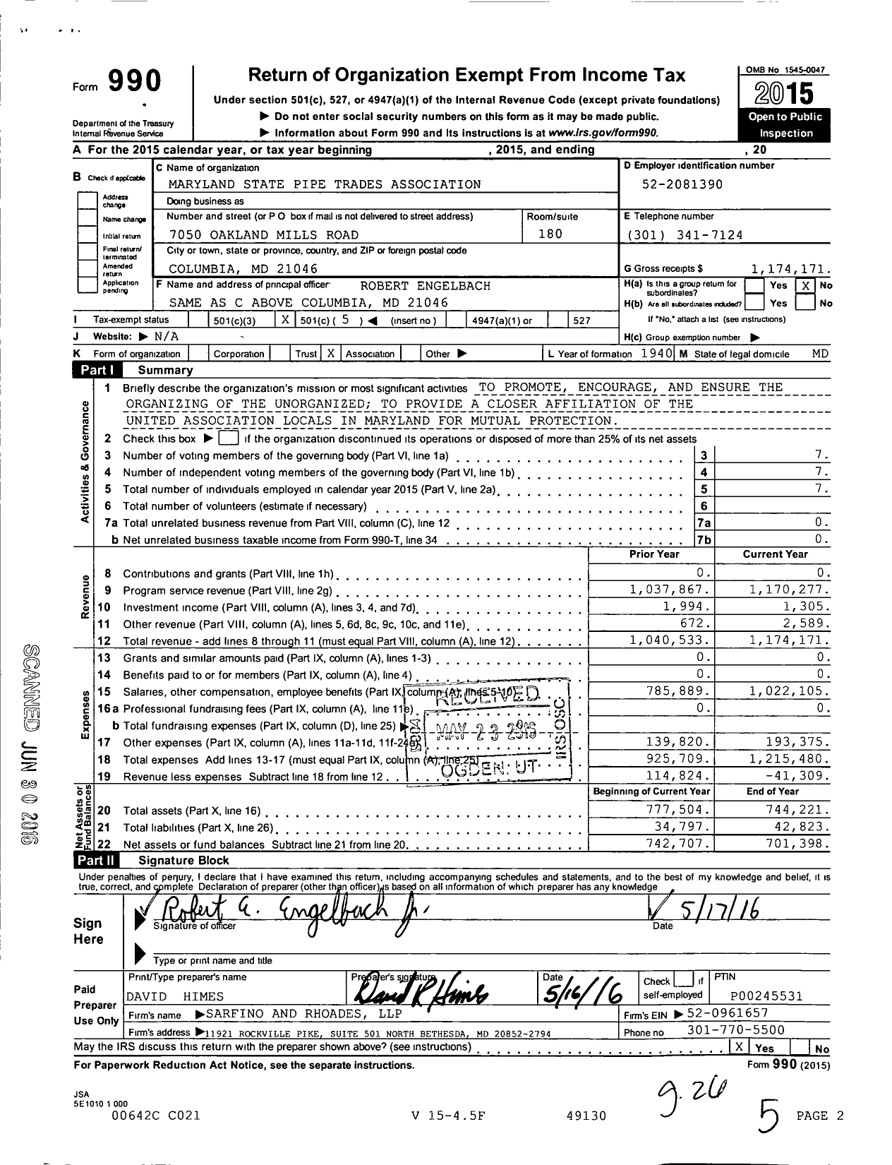 Image of first page of 2015 Form 990O for United Association - Maryland State Pipe Trades Assoc