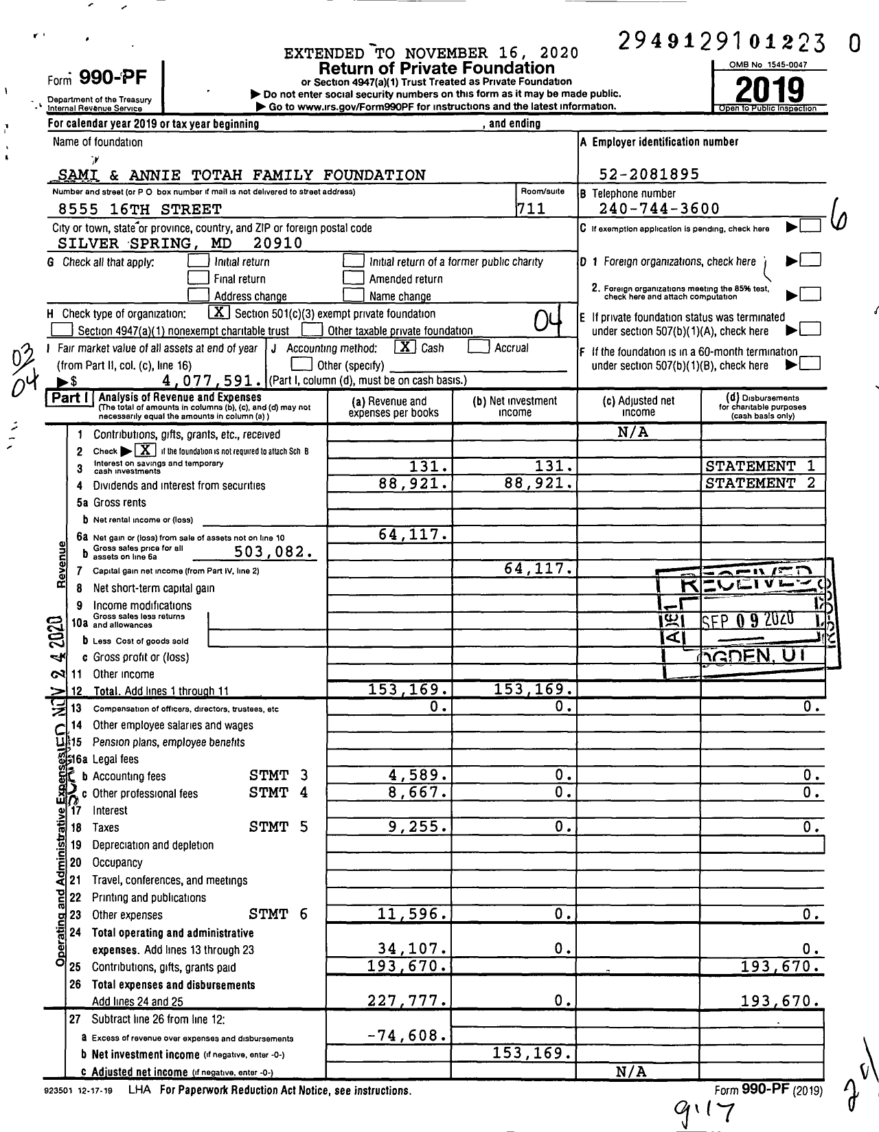 Image of first page of 2019 Form 990PF for Sami and Annie Totah Family Foundation