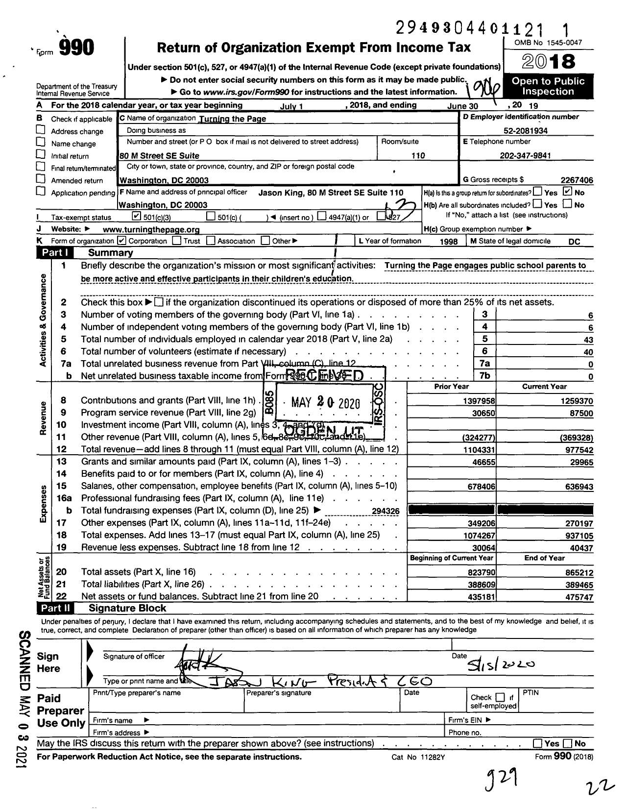 Image of first page of 2018 Form 990 for Turning the Page