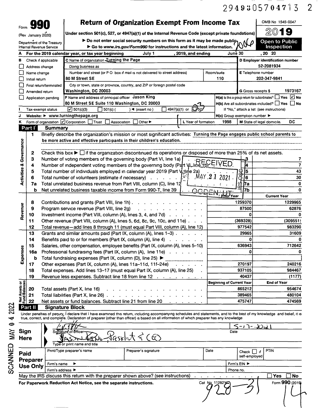 Image of first page of 2019 Form 990 for Turning the Page