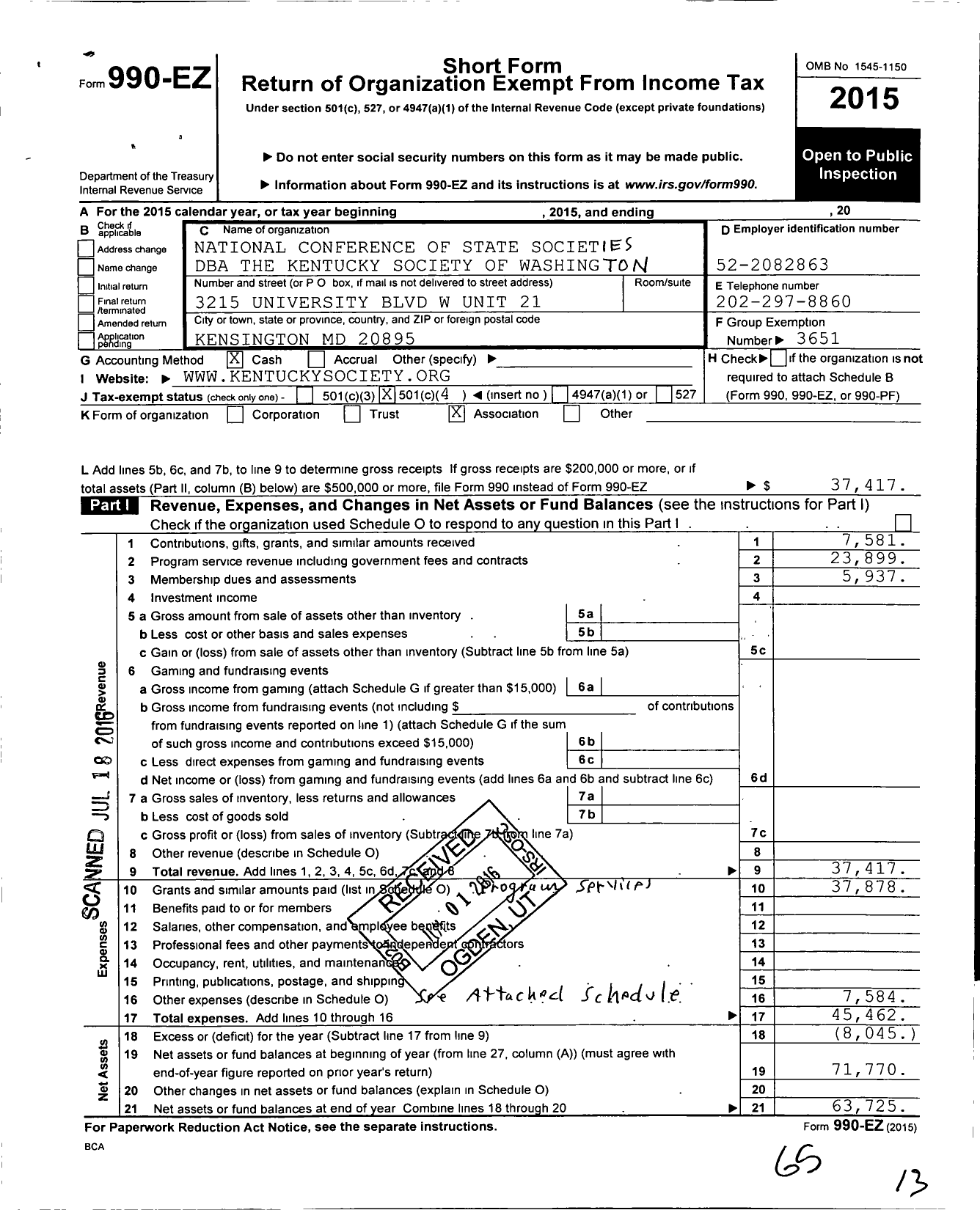 Image of first page of 2015 Form 990EO for National Conference of State Societies Washington District of C / Kentucky Society of Washington