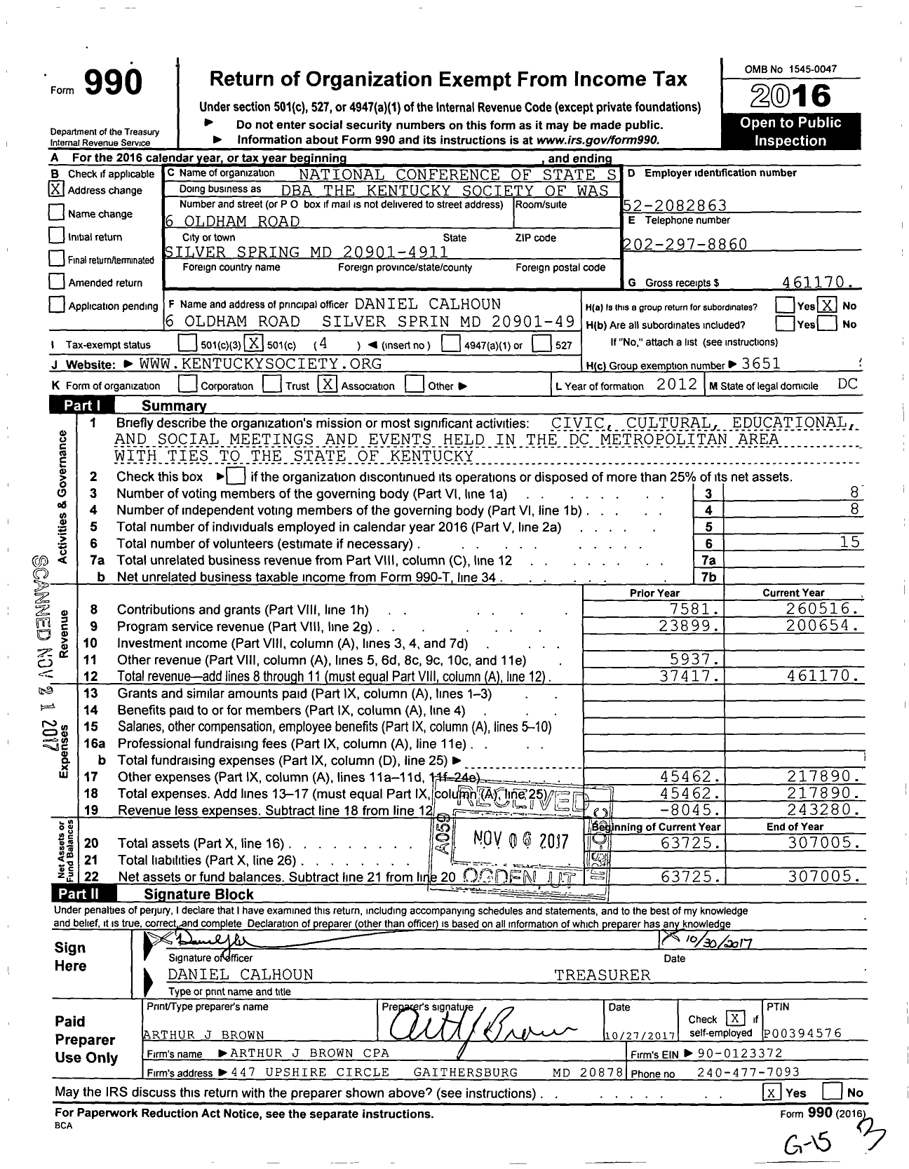 Image of first page of 2016 Form 990O for National Conference of State Societies Washington District of C / Kentucky Society of Washington