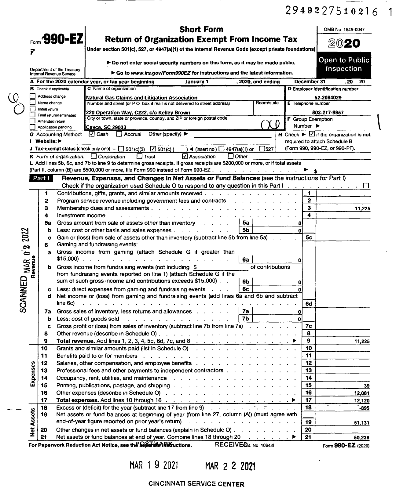 Image of first page of 2020 Form 990EO for Natural Gas Claims and Litigation Association