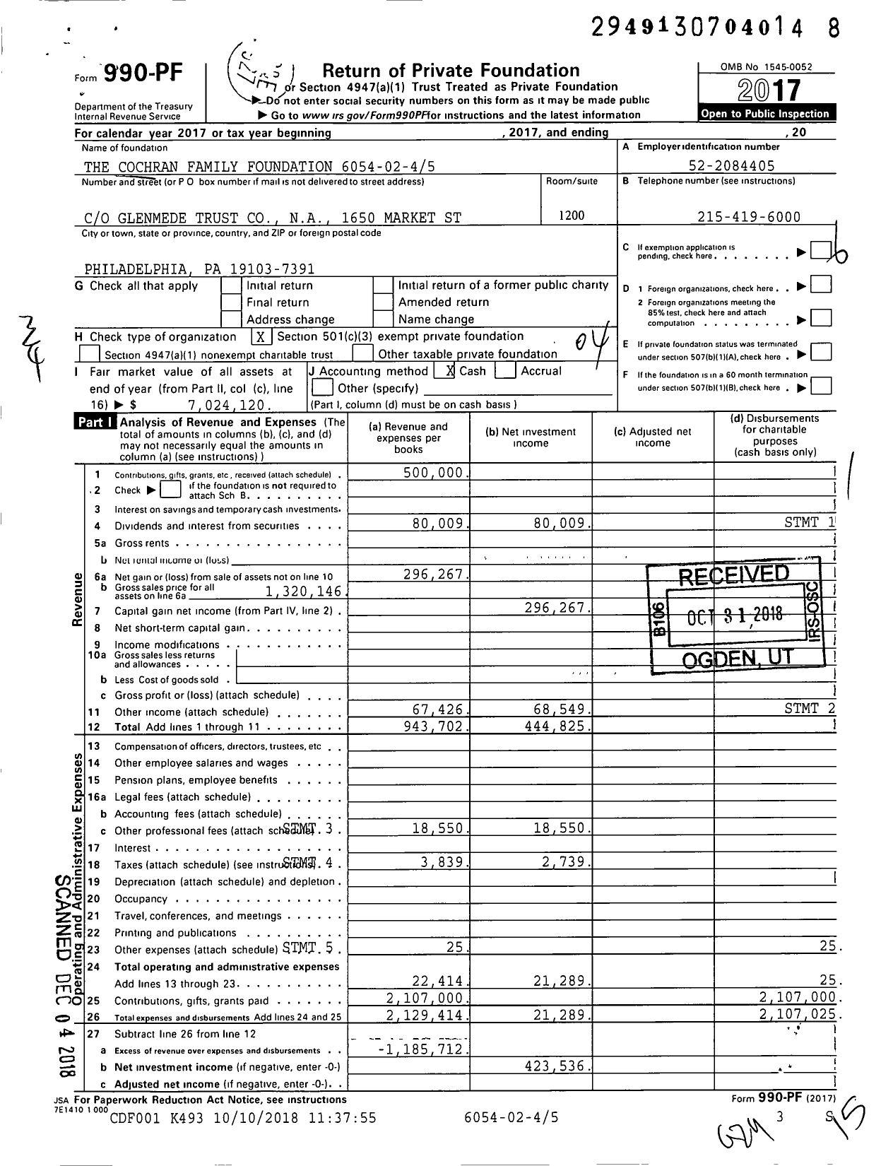 Image of first page of 2017 Form 990PF for The Cochran Family Foundation 6054-02-45