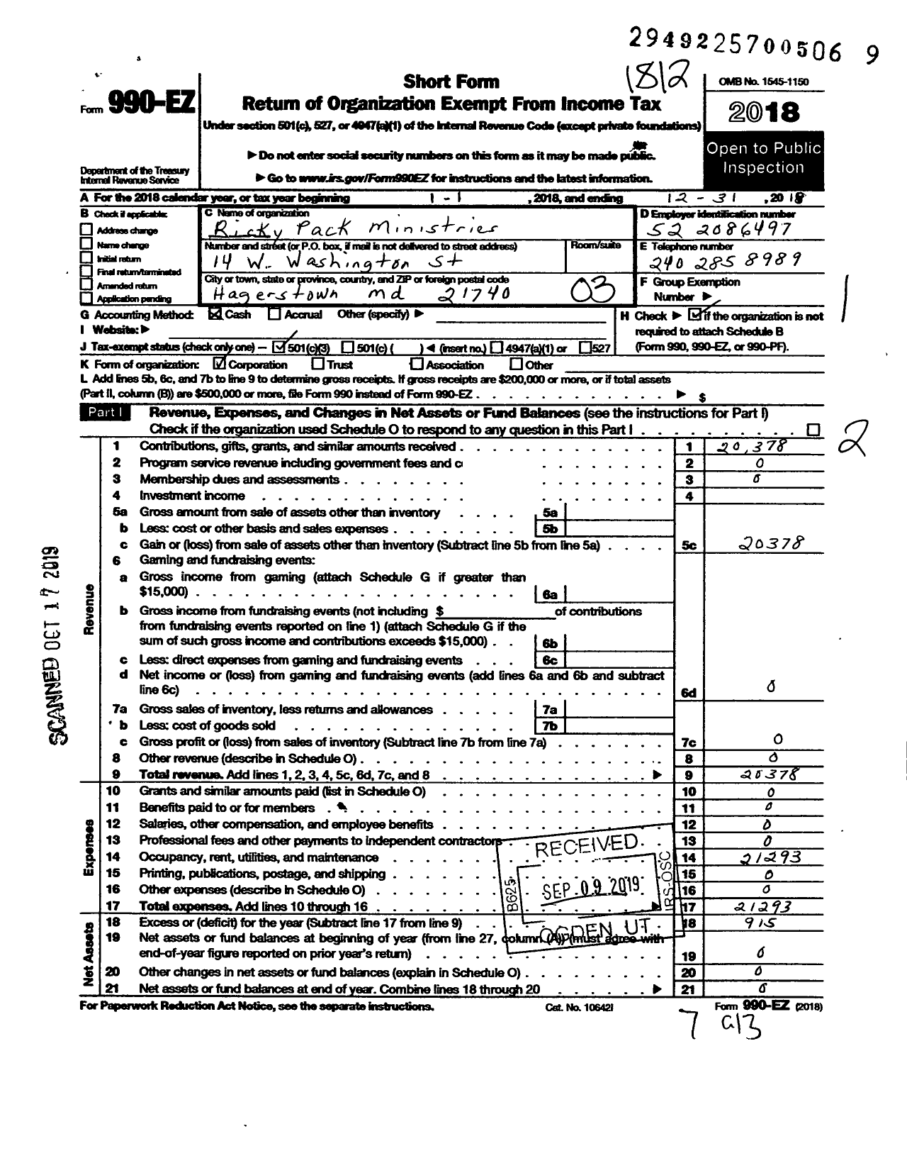 Image of first page of 2018 Form 990EZ for Ricky Pack Ministries