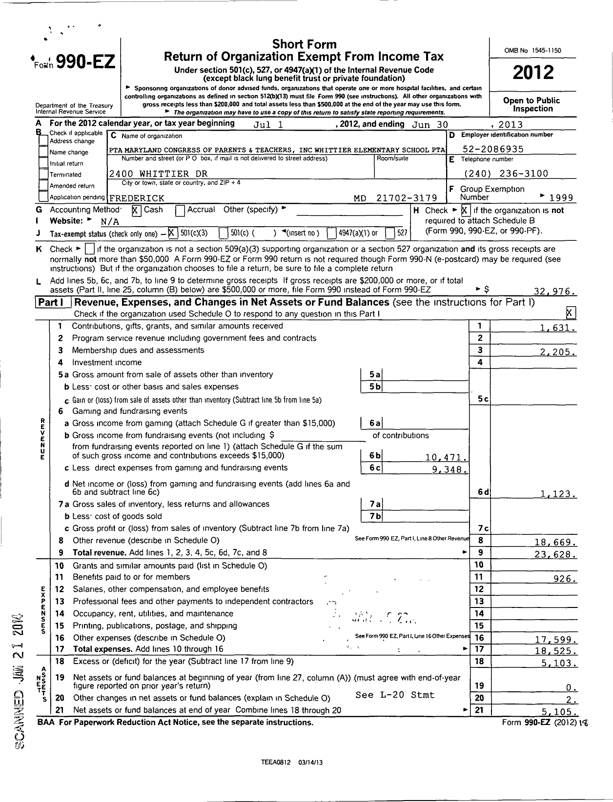 Image of first page of 2012 Form 990EZ for Whittier Elementary PTA