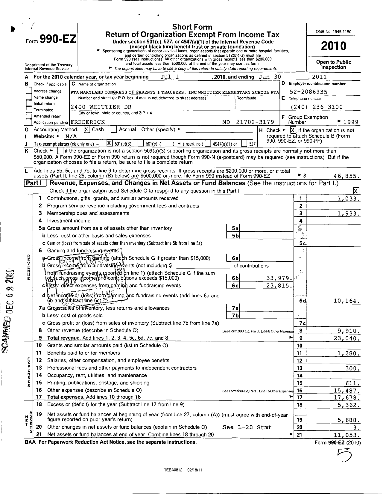 Image of first page of 2010 Form 990EZ for Whittier Elementary PTA