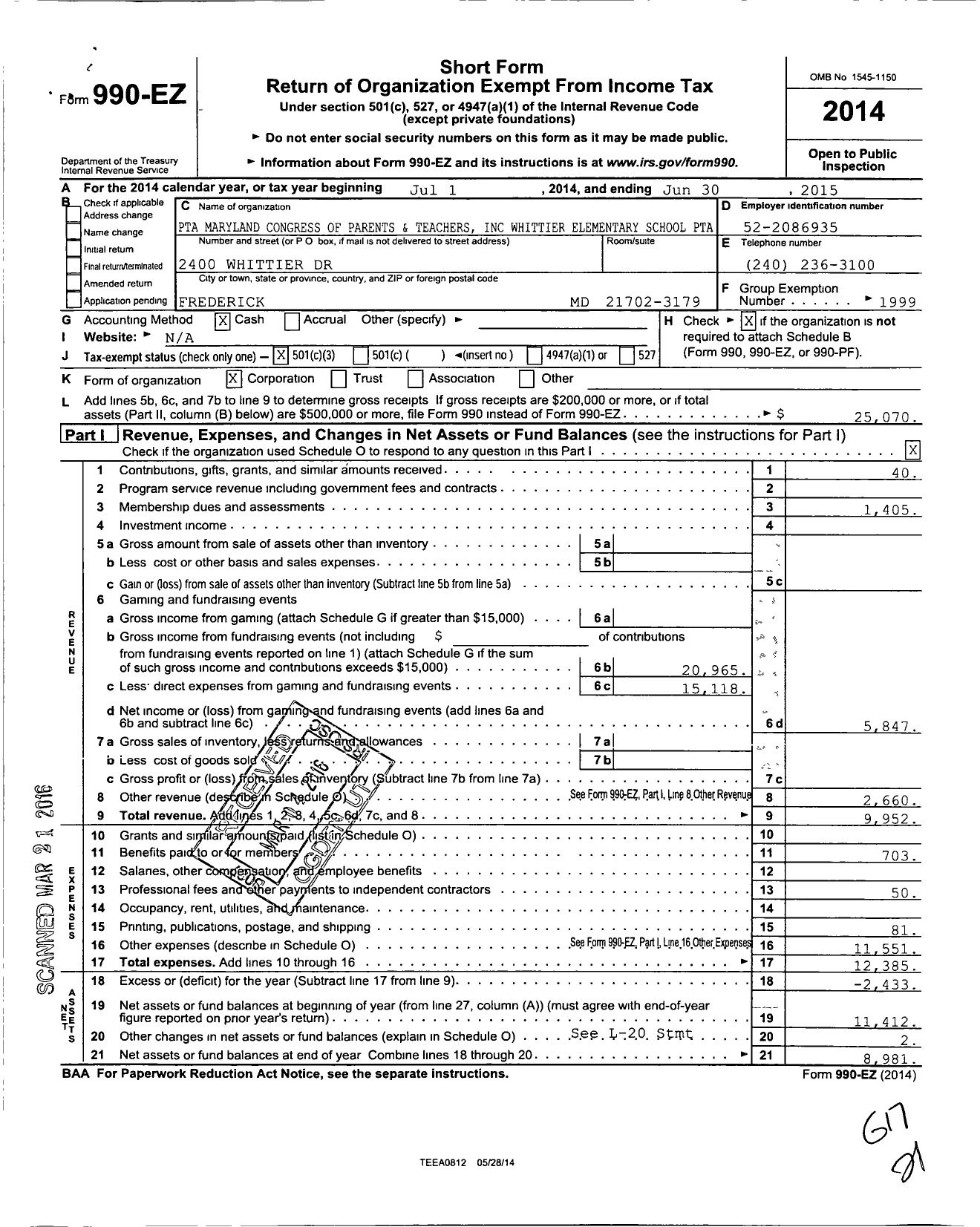 Image of first page of 2014 Form 990EZ for Whittier Elementary PTA