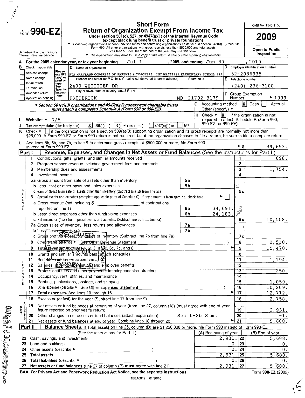 Image of first page of 2009 Form 990EZ for Whittier Elementary PTA