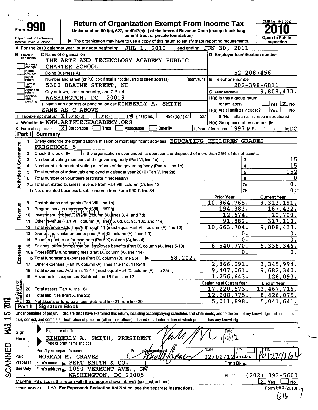 Image of first page of 2010 Form 990 for Kipp DC Arts and Technology Academy