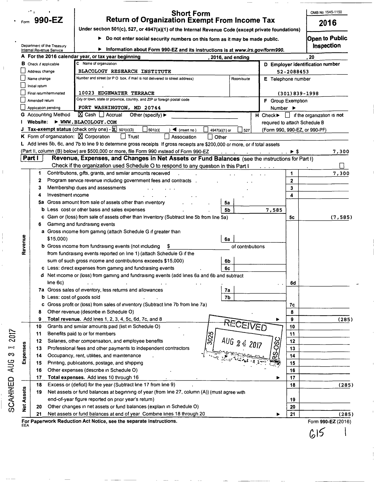 Image of first page of 2016 Form 990EZ for Blacology Research Development Institute