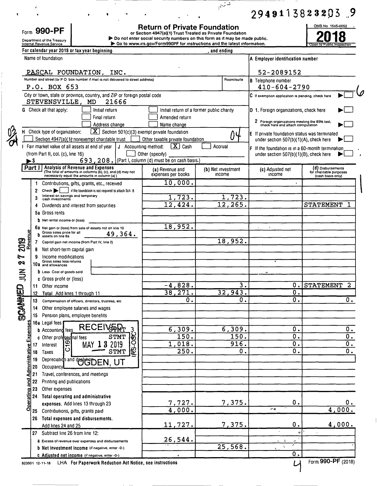 Image of first page of 2018 Form 990PF for Pascal Foundation