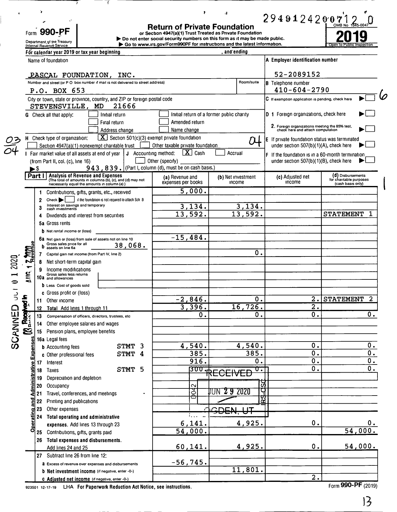 Image of first page of 2019 Form 990PR for Pascal Foundation